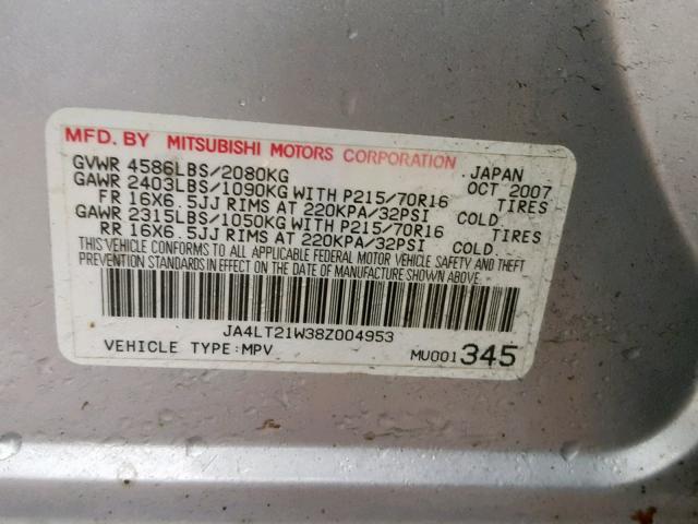 JA4LT21W38Z004953 - 2008 MITSUBISHI OUTLANDER SILVER photo 10