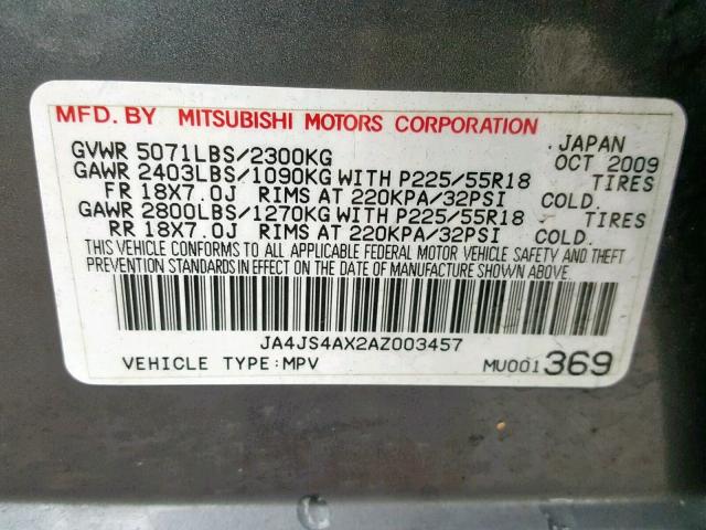 JA4JS4AX2AZ003457 - 2010 MITSUBISHI OUTLANDER GRAY photo 10