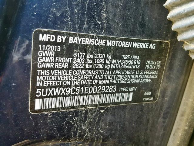 5UXWX9C51E0D29283 - 2014 BMW X3 XDRIVE2 BLUE photo 10