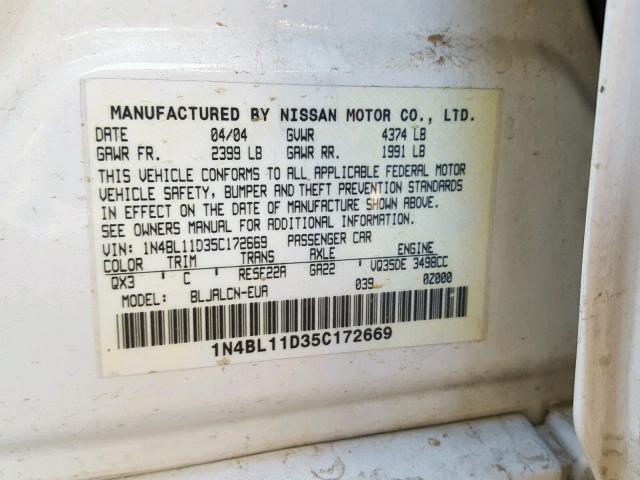 1N4BL11D35C172669 - 2005 NISSAN ALTIMA SE WHITE photo 10