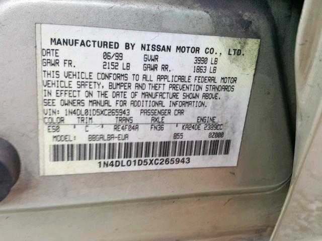 1N4DL01D5XC265943 - 1999 NISSAN ALTIMA XE GOLD photo 10