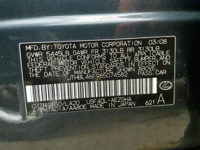 JTHBL46F985074582 - 2008 LEXUS LS 460 GRAY photo 10