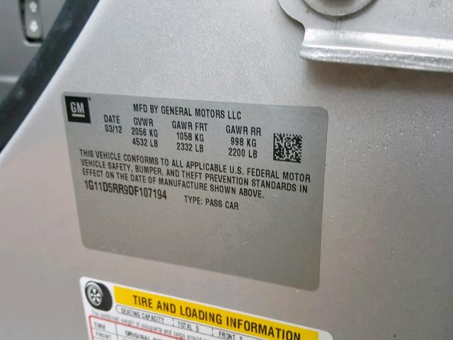 1G11D5RR9DF107194 - 2013 CHEVROLET MALIBU 1LT SILVER photo 10