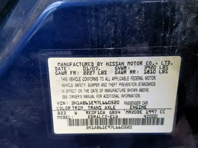 3N1AB61E97L660520 - 2007 NISSAN SENTRA 2.0 BLUE photo 10