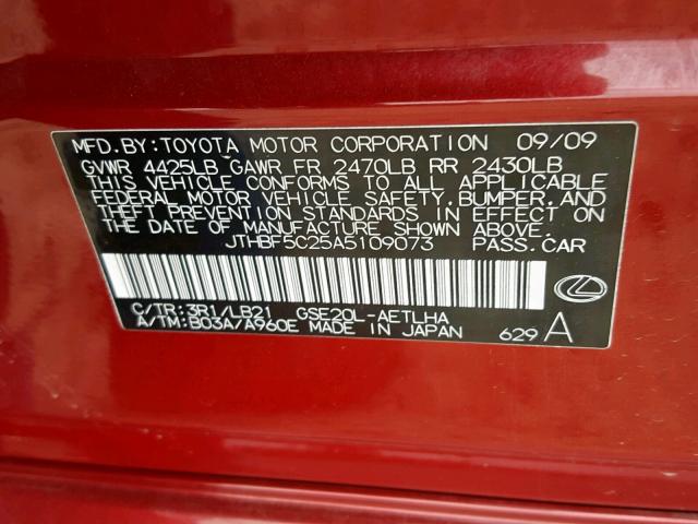 JTHBF5C25A5109073 - 2010 LEXUS IS 250 RED photo 10