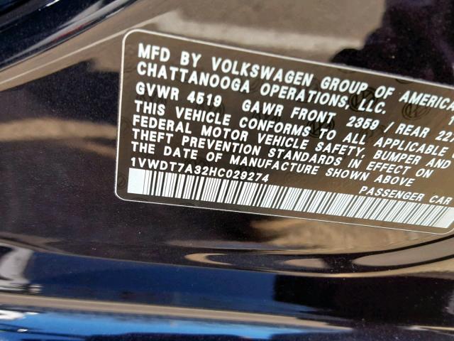 1VWDT7A32HC029274 - 2017 VOLKSWAGEN PASSAT R-L BLACK photo 10