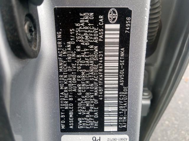 4T4BF1FK4FR474431 - 2015 TOYOTA CAMRY LE SILVER photo 10