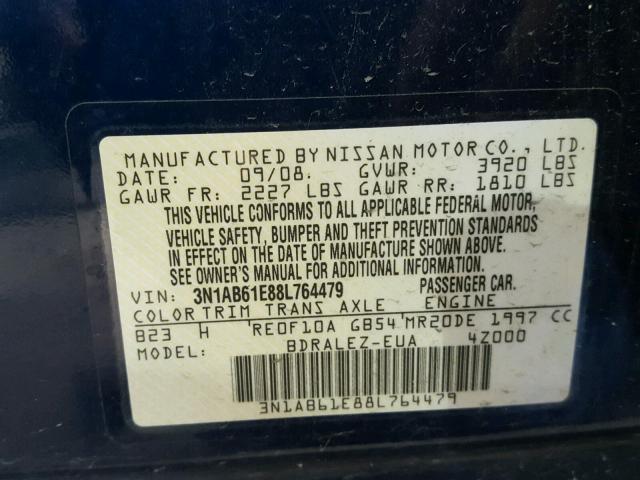 3N1AB61E88L764479 - 2008 NISSAN SENTRA 2.0 BLUE photo 10