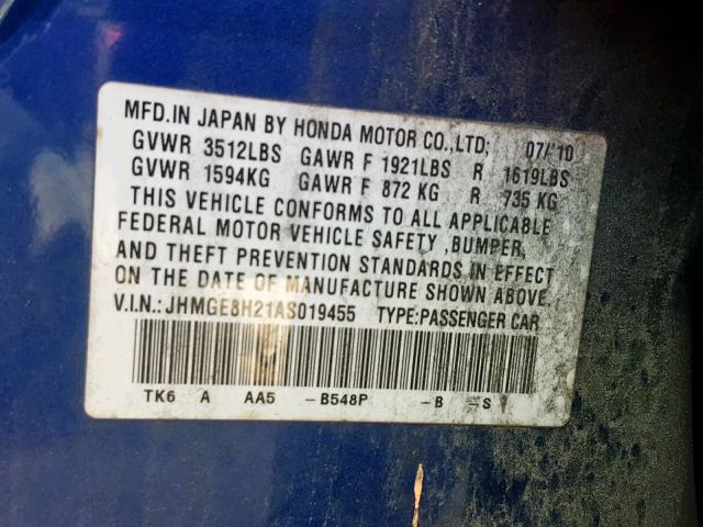 JHMGE8H21AS019455 - 2010 HONDA FIT BLUE photo 10