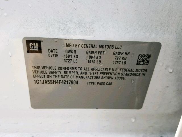 1G1JA5SH4F4217904 - 2015 CHEVROLET SONIC LS WHITE photo 10