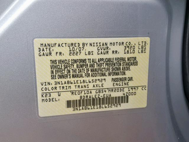 3N1AB61E18L652929 - 2008 NISSAN SENTRA 2.0 SILVER photo 10