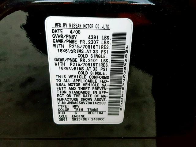 JN8AS58V78W142208 - 2008 NISSAN ROGUE S BLACK photo 10