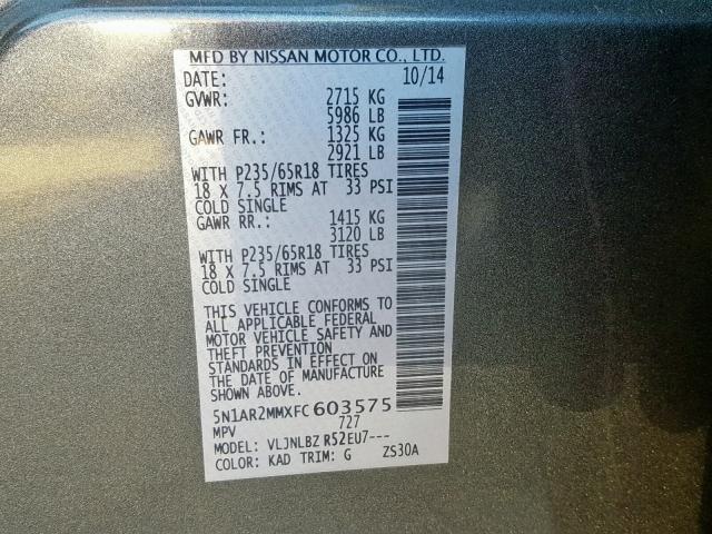 5N1AR2MMXFC603575 - 2015 NISSAN PATHFINDER GRAY photo 10