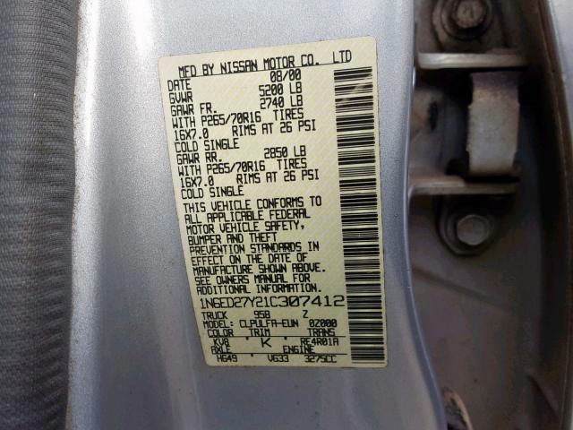 1N6ED27Y21C307412 - 2001 NISSAN FRONTIER C SILVER photo 10