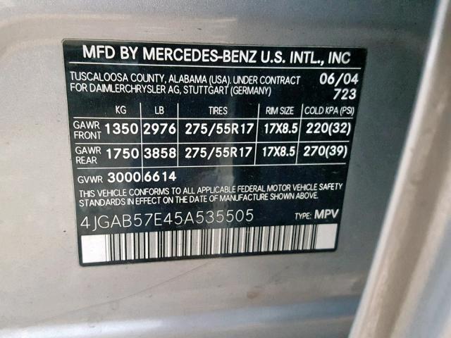 4JGAB57E45A535505 - 2005 MERCEDES-BENZ ML 350 SILVER photo 10