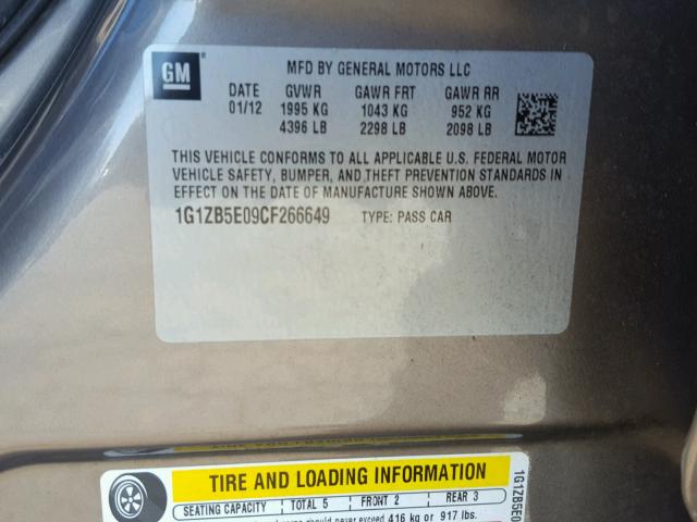 1G1ZB5E09CF266649 - 2012 CHEVROLET MALIBU LS ბეჟი ფოტო 10