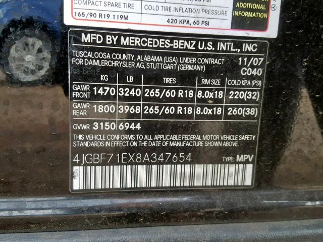 4JGBF71EX8A347654 - 2008 MERCEDES-BENZ GL 450 4MA BLACK photo 10