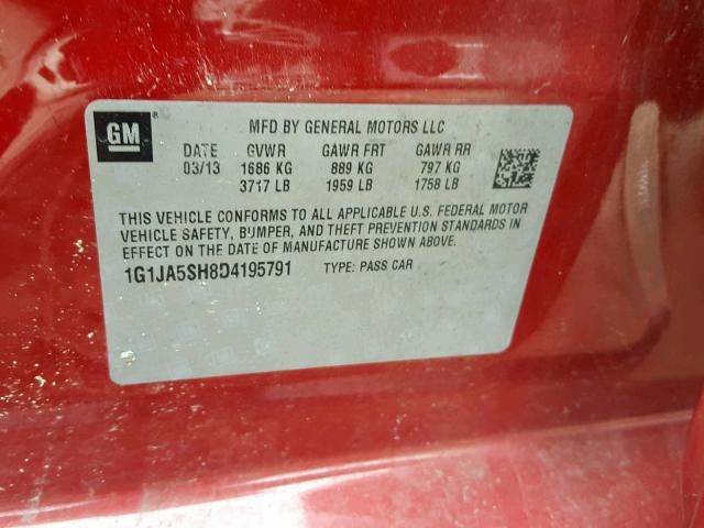 1G1JA5SH8D4195791 - 2013 CHEVROLET SONIC LS RED photo 10