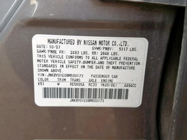 JNKBY01E08M500173 - 2008 INFINITI M45 BASE SILVER photo 10