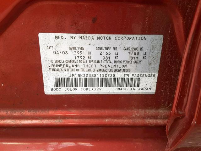 JM1BK323881150228 - 2008 MAZDA 3 S RED photo 10