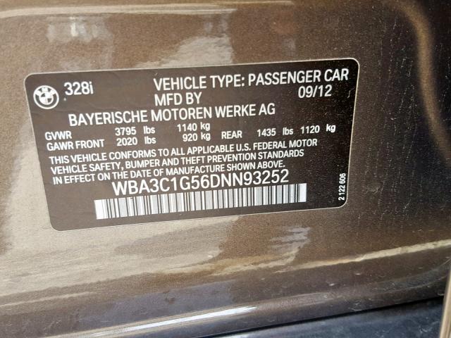 WBA3C1G56DNN93252 - 2013 BMW 328 I SULE BROWN photo 10