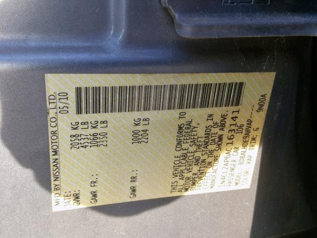 1N4CL2AP6AC163141 - 2010 NISSAN ALTIMA HYB GRAY photo 10