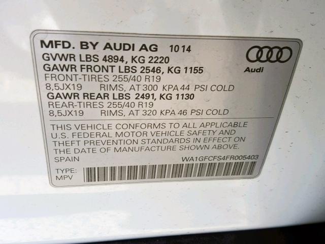 WA1GFCFS4FR005403 - 2015 AUDI Q3 PRESTIG WHITE photo 10