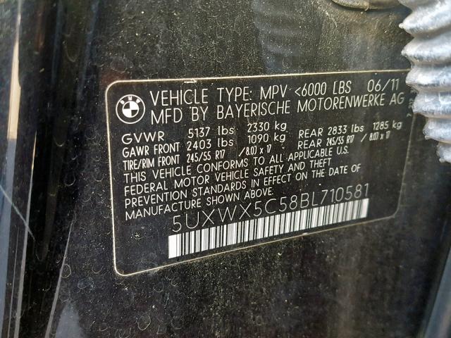 5UXWX5C58BL710581 - 2011 BMW X3 XDRIVE2 BLACK photo 10