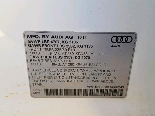 WA1BFCFSXFR006243 - 2015 AUDI Q3 PREMIUM WHITE photo 10