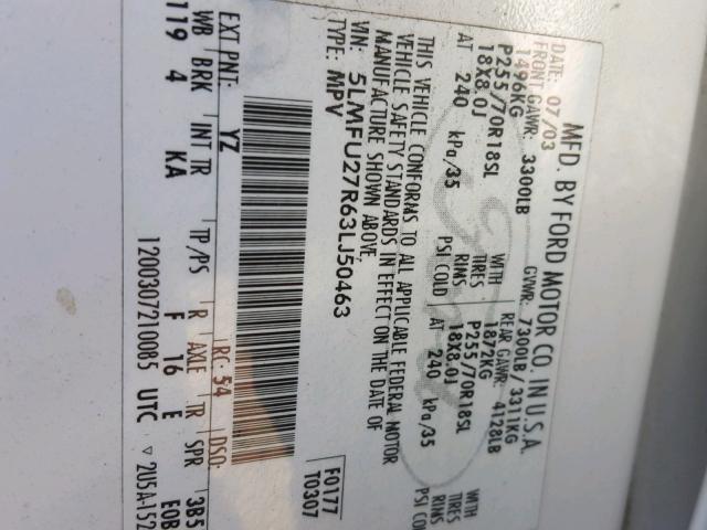 5LMFU27R63LJ50463 - 2003 LINCOLN NAVIGATOR Ақ фото 10