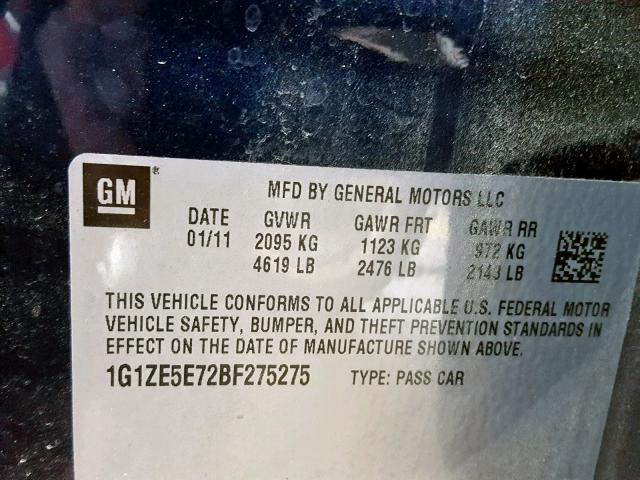 1G1ZE5E72BF275275 - 2011 CHEVROLET MALIBU LTZ ლურჯი ფოტო 10