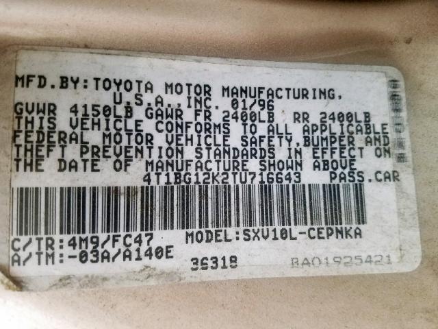 4T1BG12K2TU716643 - 1996 TOYOTA CAMRY DX BEIGE photo 10