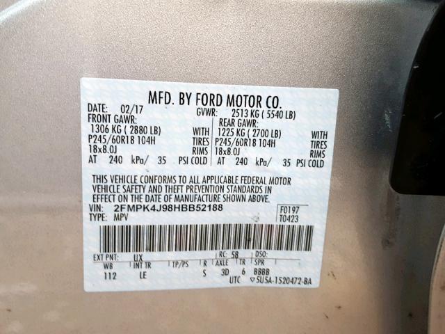 2FMPK4J98HBB52188 - 2017 FORD EDGE SEL SILVER photo 10