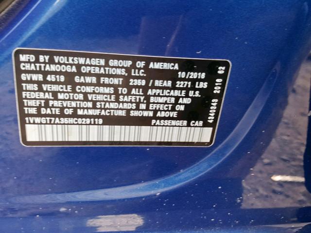 1VWGT7A35HC029119 - 2017 VOLKSWAGEN PASSAT SE BLUE photo 10