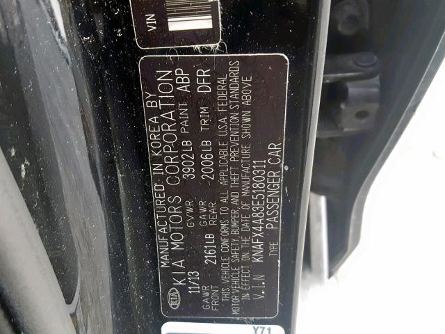 KNAFX4A83E5180311 - 2014 KIA FORTE EX BLACK photo 10