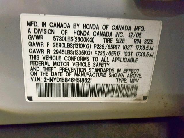 2HNYD18846H518621 - 2006 ACURA MDX TOURIN SILVER photo 10