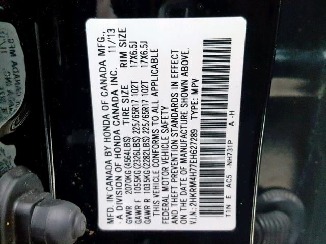 2HKRM4H77EH627289 - 2014 HONDA CR-V EXL BLACK photo 10