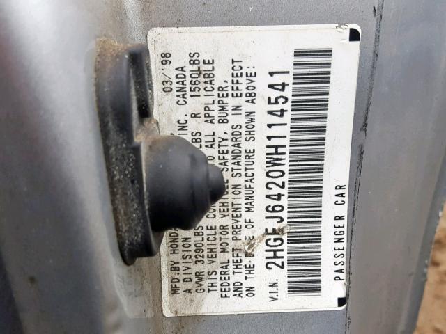 2HGEJ6420WH114541 - 1998 HONDA CIVIC CX SILVER photo 10