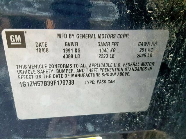 1G1ZH57B39F179738 - 2009 CHEVROLET MALIBU 1LT BLUE photo 10