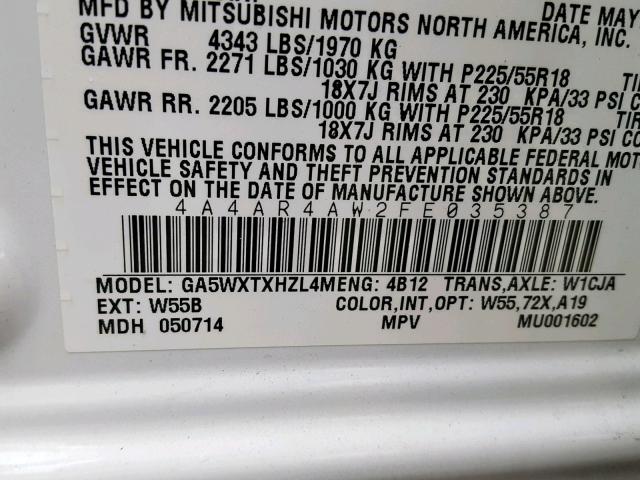 4A4AR4AW2FE035387 - 2015 MITSUBISHI OUTLANDER WHITE photo 10