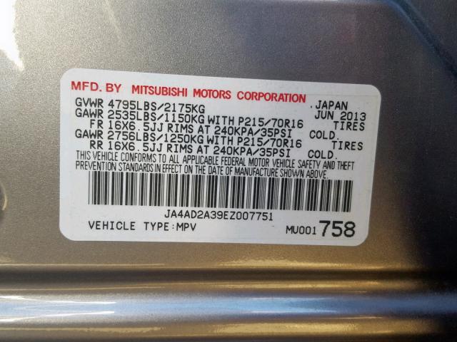 JA4AD2A39EZ007751 - 2014 MITSUBISHI OUTLANDER GRAY photo 10