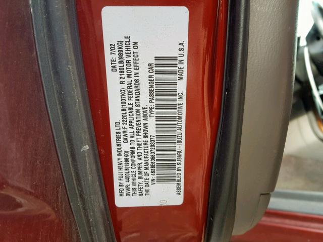 4S3BE635837203377 - 2003 SUBARU LEGACY L RED photo 10