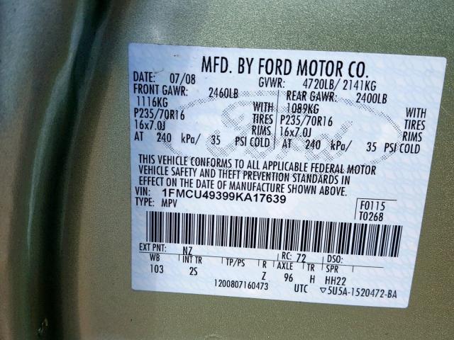 1FMCU49399KA17639 - 2009 FORD ESCAPE HYB GREEN photo 10