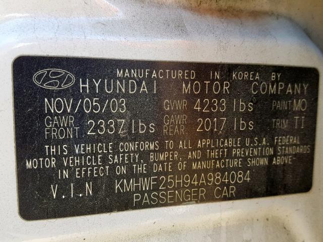 KMHWF25H94A984084 - 2004 HYUNDAI SONATA GL WHITE photo 10