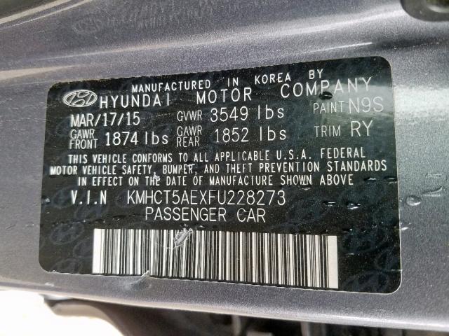 KMHCT5AEXFU228273 - 2015 HYUNDAI ACCENT GS GRAY photo 10