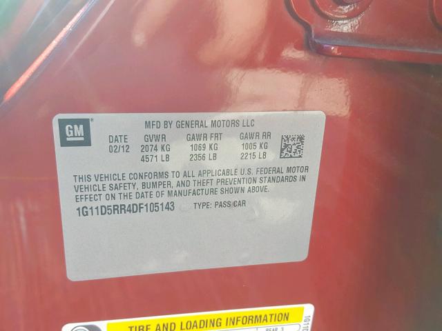 1G11D5RR4DF105143 - 2013 CHEVROLET MALIBU 1LT RED photo 10