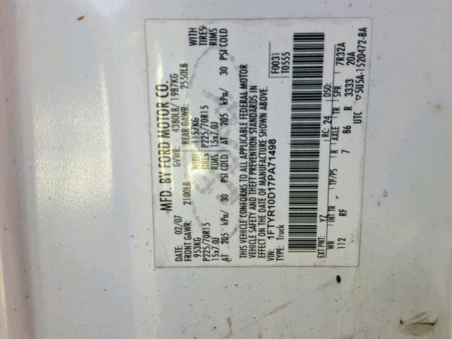 1FTYR10D17PA71498 - 2007 FORD RANGER WHITE photo 10