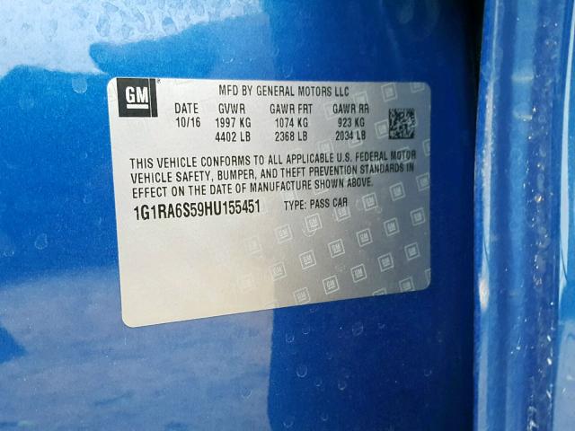 1G1RA6S59HU155451 - 2017 CHEVROLET VOLT LT BLUE photo 10