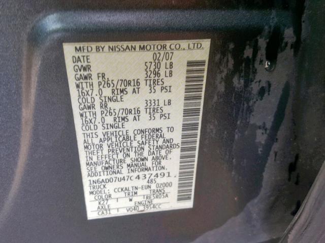 1N6AD07U47C437491 - 2007 NISSAN FRONTIER C GRAY photo 10