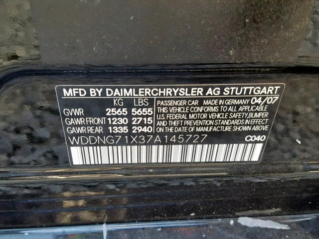 WDDNG71X37A145727 - 2007 MERCEDES-BENZ S 550 BLACK photo 10